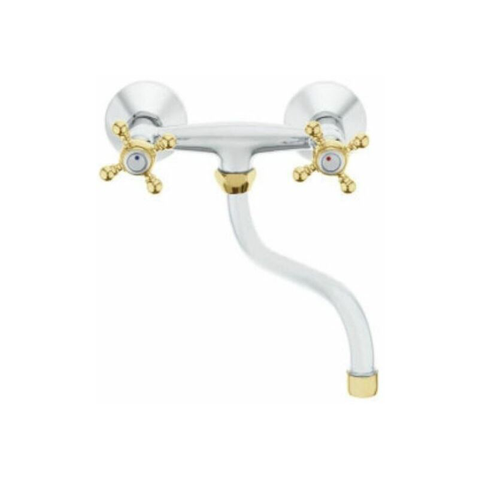 Herz - Chrome/Gold Colour 's' Spout Type Finishing Kitchen Tap Wall Faucet Cross Head