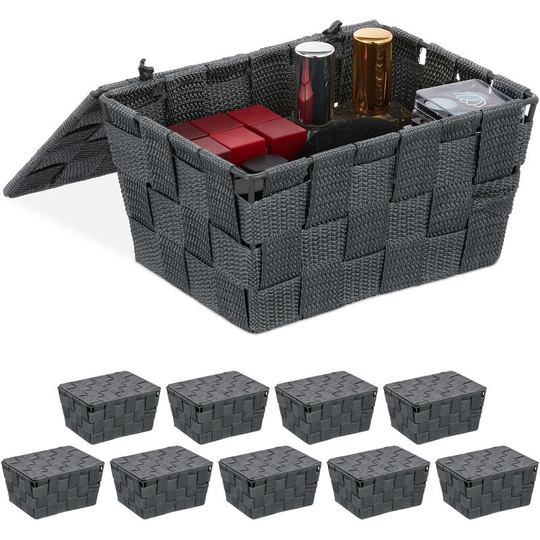 Set of 10 Relaxdays Lidded Storage Baskets with Lid, Bathroom Storage, pp, HxWxD: 10.5 x 19.5 x 14.5 cm, Grey