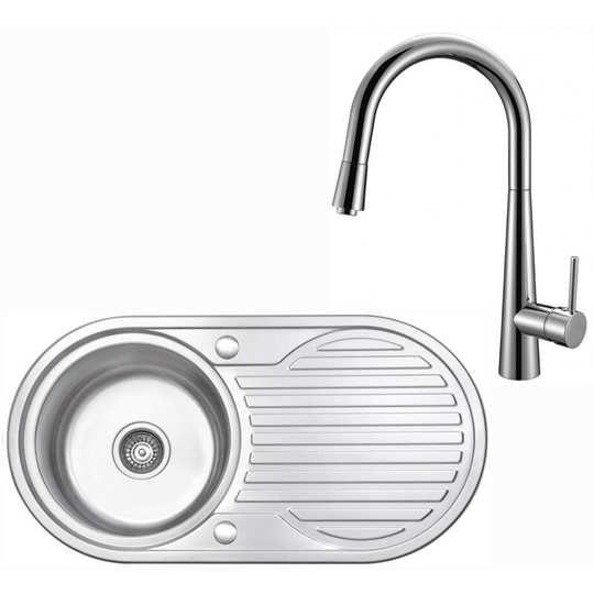 ENKI KS041 Stainless Steel Kitchen Sink Inset 1.0 Single Bowl Round Kitchen Sink Unit Reversible Sink Drainer with Strainer Plugs Sink with Drainboard