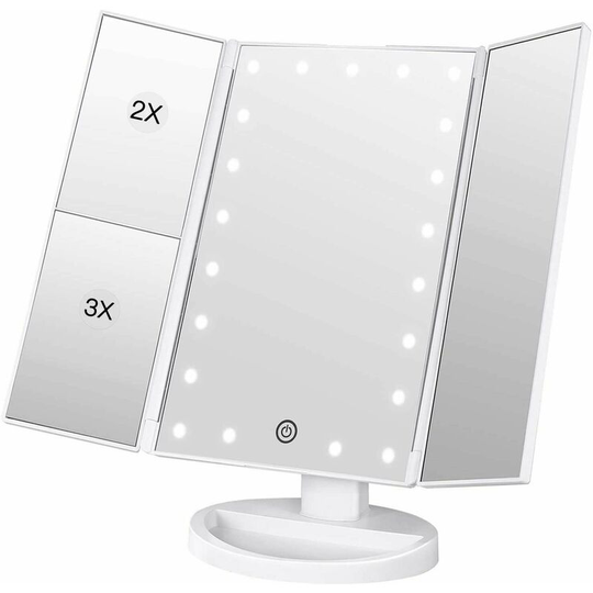 Miqu - Trifold Makeup Mirror with lights,Magnifying Lighted Led Mirror, Tri-Fold 1/2/3X Magnification,Free Standing Mirror for Bathroom Counter top,