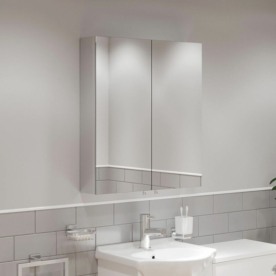 Double Door Bathroom Mirror Cabinet Cupboard Stainless Steel Wall Mounted 600mm - Silver