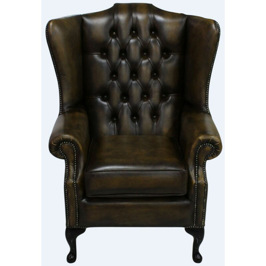 Designersofas4u - Chesterfield Prince's Mallory Flat Wing Queen Anne High Back Wing Chair uk Manufactured Antique Gold Leather