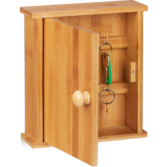 Bamboo Key Rack, Wooden Key Cabinet with 6 Hooks, Magnetic Latch, Wall-Mount, hwd 20.5x18x6cm, Natural - Relaxdays