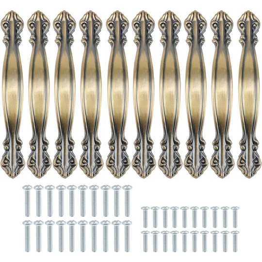 Set of 10 vintage cabinet handles in antique arch shape - furniture door handles 10.9 cm long (64 mm distance between holes) - green bronze