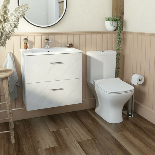 Lea marble wall hung vanity unit 600mm and Derwent square close coupled toilet suite - White - Orchard