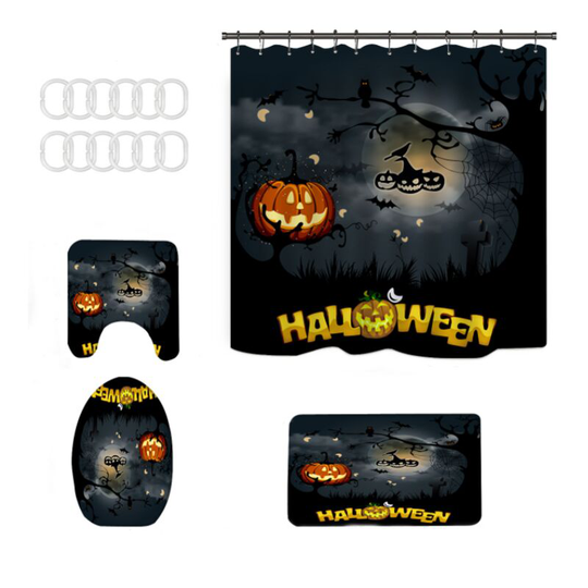 Cartoon Halloween Pumpkins and Bat Pattern Digital Print Shower Curtains Sets with Bath Mat,Contour Rug,Toilet Lid Cover for Bathroom Decor(4Pcs)