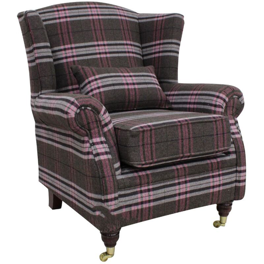 Wing Chair Fireside High Back Armchair Balmoral Aubergine Check Fabric