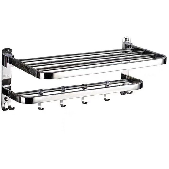 Bath Towel Rack Double Layered Foldable Bathroom Shelves with Removable Hooks Wall Mounted Towel Holder 23 Inch Towel Bar Rustproof Stainless Steel