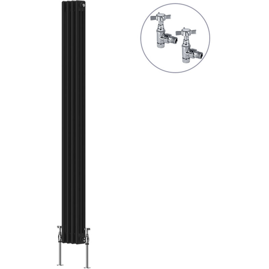 Traditional Rad Cast Iron Style Radiator Black + Chrome Angled Traditional Radiator Manual Valves 1800x200mm Vertical Triple Column
