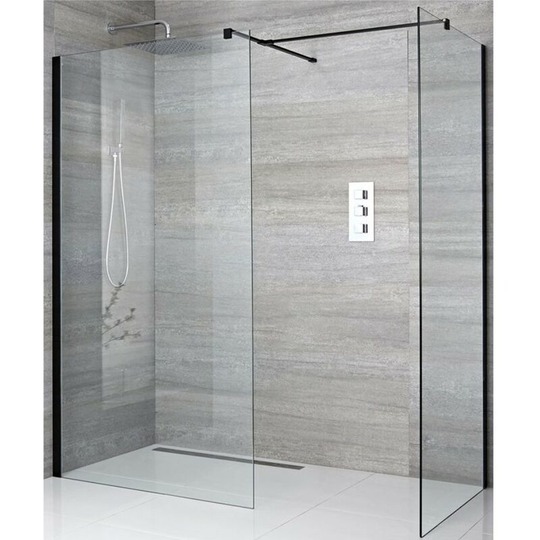 Nero - Corner Walk In Wet Room Shower Enclosure with 800mm & 700mm Screens, Support Arms and 250mm Corner Shower Drain - Black - Milano