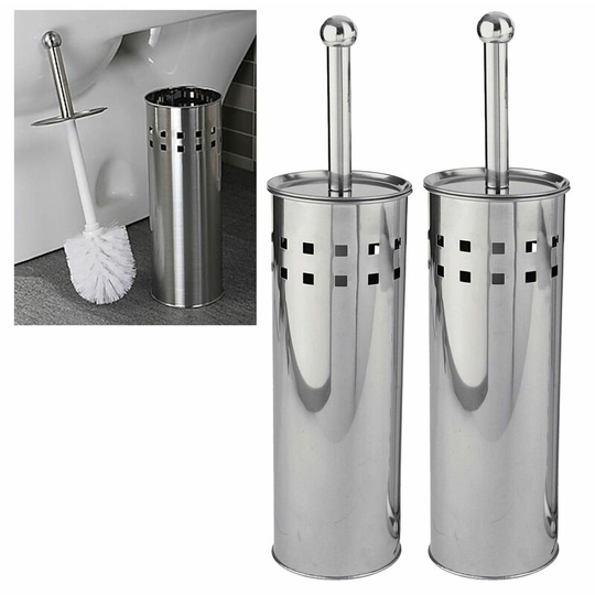 Set of 2 Bathroom Toilet Brush With Holder Stainless Steel Home Cleaning Set - Silver