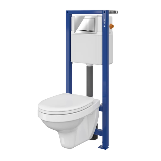 Mech WHB Delfi Wall Hung Toilet and Mounting Frame with Button Flush and Soft Close Seat