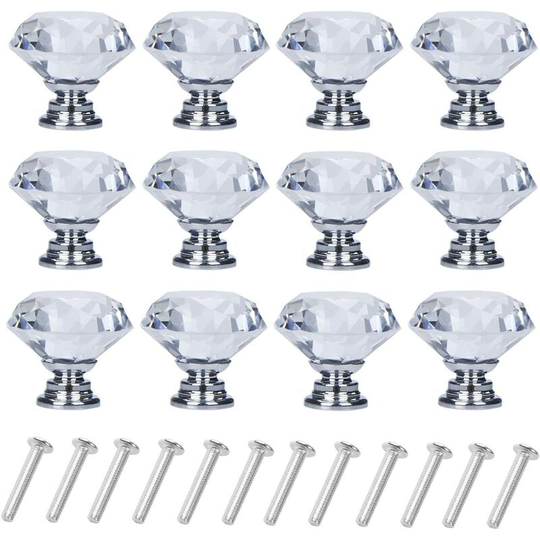 Ilovemilan - 12 Pack Drawer Knobs Diamond Shaped Crystal Glass 40mm Cabinet Knobs Pull Handles (40 mm, 12 Pack, Silver)
