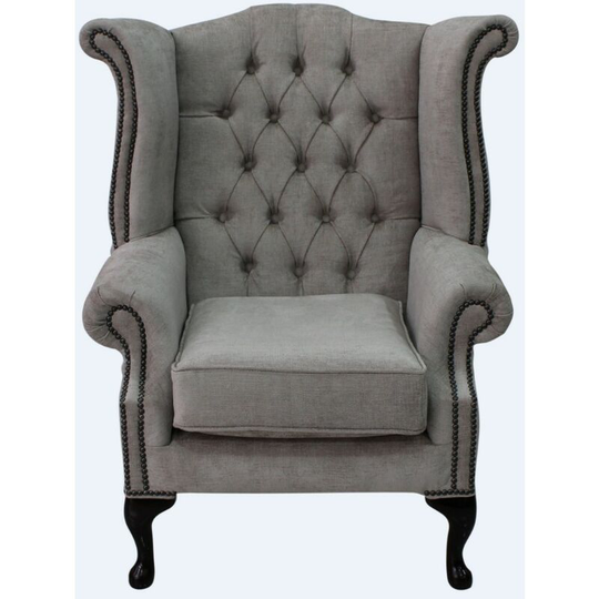 Chesterfield Fabric Queen Anne High Back Wing Chair Velluto Hessian Mink Fabric