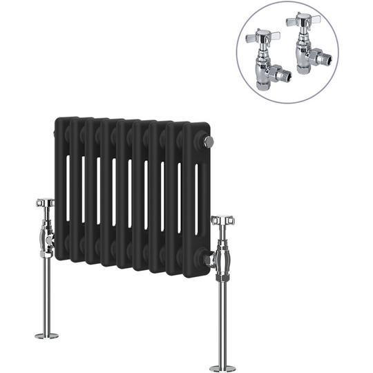 Black Traditional Cast Iron Style Radiator with Chrome Angled Cross Head Manual Valves Horizontal 2 Column 300x425mm