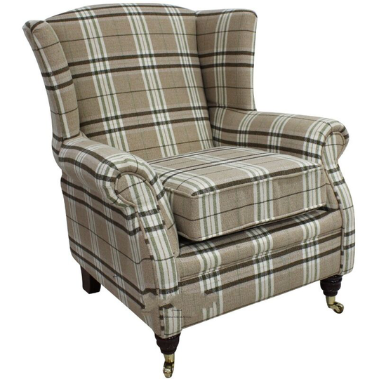Wing Chair Fireside High Back Armchair Balmoral Beige Green Check Fabric