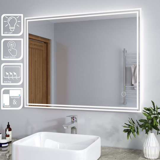 Illuminated led Mirror Light 900 x 700 mm Horizontal Vertical Mirror Touch Sensor with Demister - Elegant