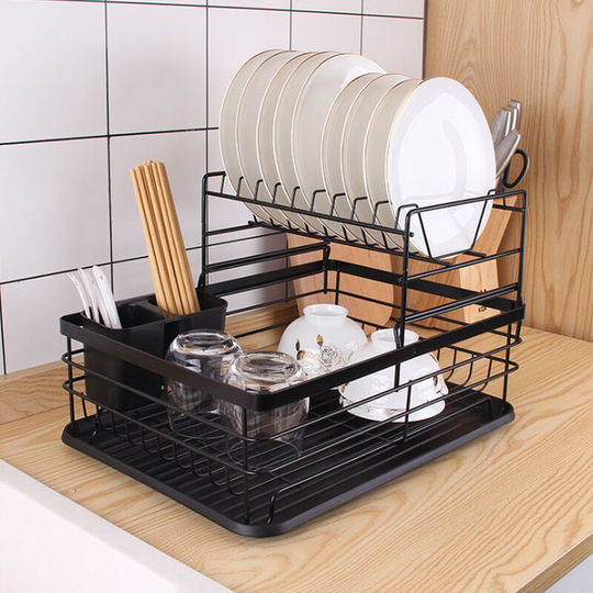 Livingandhome 2 Tier Metal Wire Dish Storage Rack with Drip Tray Cutlery Holder, Black