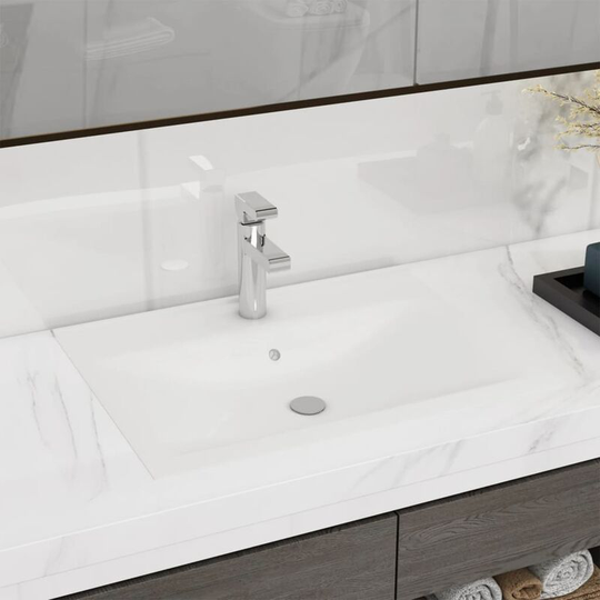 Rectangular Ceramic Basin Sink White with Faucet Hole 60x46 cm - White