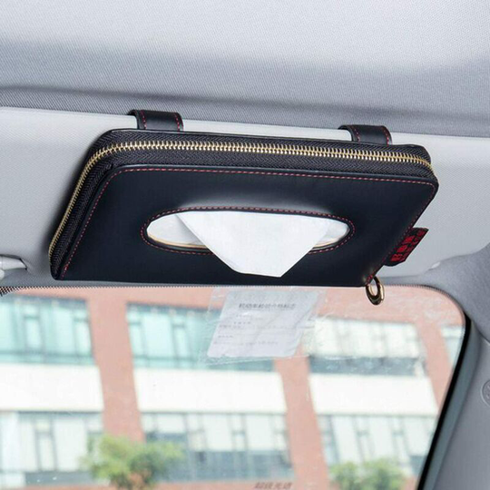Toilet paper holder, Car visor tissue holder, Sun visor towel holder, Leather tissue holder for sun visor and seat back with zipper. (Black)