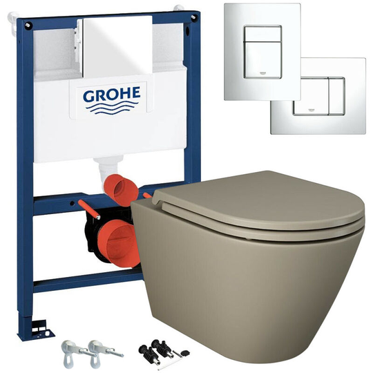 Grohe - 0.82M Low Height Concealed Cistern wc Frame & rak Rimless Wall Hung Toilet - Matt Cappuccino