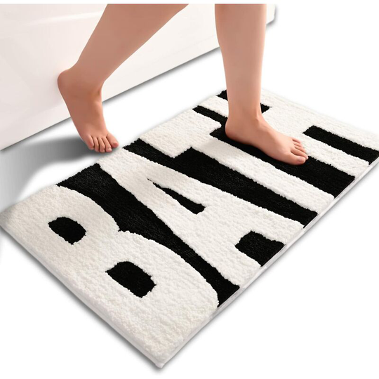 Ilovemilan - Black and White Bathroom Rugs, Bath Letters Non Slip Bathroom Mat, Soft Absorbent Cute Bath Mat, Machine Washable Quickly Dry