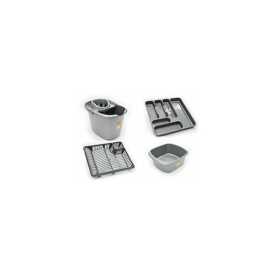 Set of 4 plastic mop bucket dish drainer cutlery tray rectangular bowl silver