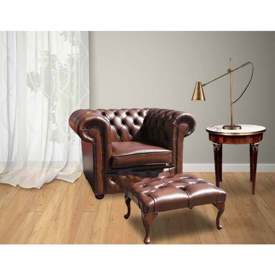 Chesterfield Low Back ArmChair Antique Tan Leather Sofa + Footstool