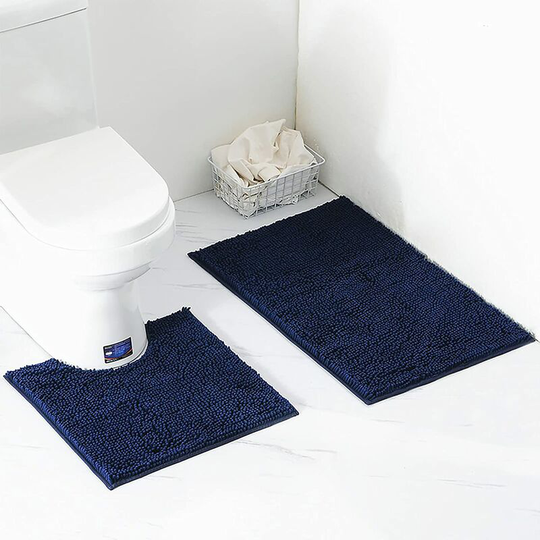 Perleraregb - 2 Piece Bath Mat / Toilet Mats Set, Soft Absorbent Thick Chenille Non-Slip Toilet Mat for Bathroom / wc, Machine Washable (Navy Blue)