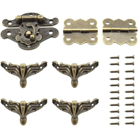 3 pcs Antique Bronze Buckle Latch and Butterfly-Shape Hinge and Bracket Feet Retro Furniture Decoration Fitting Kit for Jewelry Box Cabinet Wooden