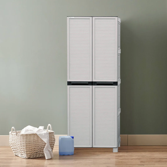 Indoor Or Outdoor Broom Cabinet, 2-Door Cabinet With 3 Shelves In Polypropylene, 100% Made In Italy, 70X39h172 Cm, Light Gray Color