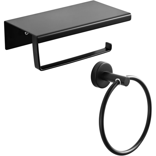 3-in-1 accessory set Matte Black Toilet roll holder and Towel Ring, Stainless Steel towel rack hook + Towel Ring - Meykoers