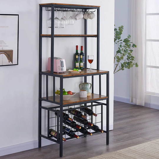 Industrial Wine Bakers Rack,4-Tier Wine Rack Freestanding Floor With Wine Storage And Glass Holder,Multi-Function Home Bar Furniture Wine Bar Cabinet