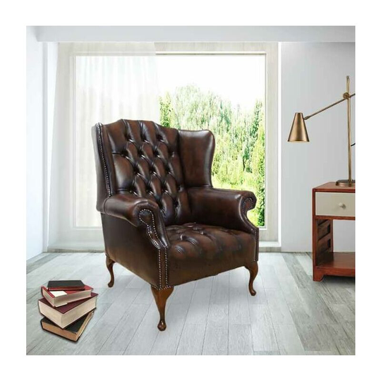 Designersofas4u - Chesterfield Mallory Buttoned Seat Flat Wing Queen Anne High Back Wing Chair uk Manufactured Antique Brown