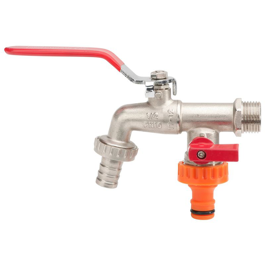 Double Duo Outlet Garden Tap Ball Valve Faucet Red Handle 1/2' x 3/4' x 3/4' bsp