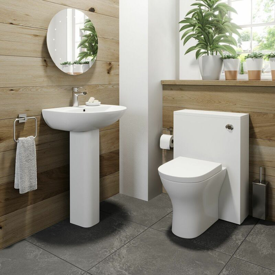 Cloakroom Bathroom Suite White Back to Wall Toilet WC Basin Sink 1TH Pedestal - White