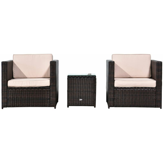 3Pcs Patio 2 Seater Rattan Sofa Garden Furniture Set Coffee w/ Cushions - Brown - Outsunny