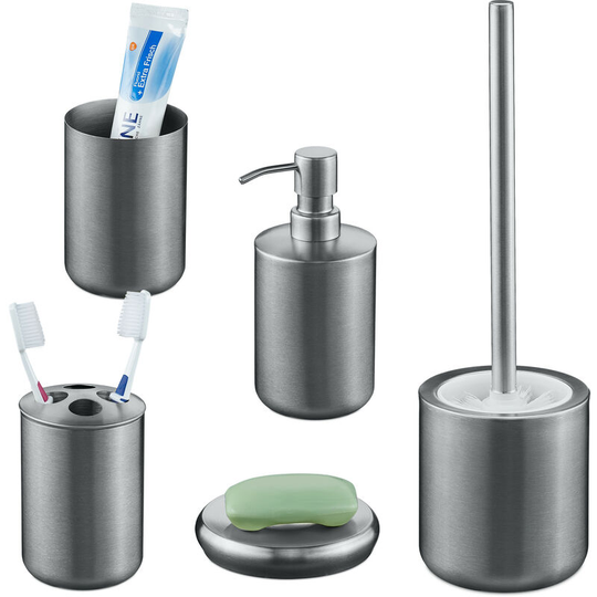 5-Piece Bathroom Accessory Set, Brushed Stainless Steel, Complete Toilet Accessories, Modern, Silver - Relaxdays