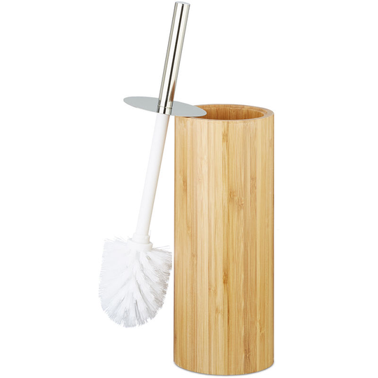 Bamboo wc Brush Holder and Brush, Round Stand, Wooden Toilet Bathroom Butler h x Dia: 37.5 x 10.5 cm, Natural - Relaxdays