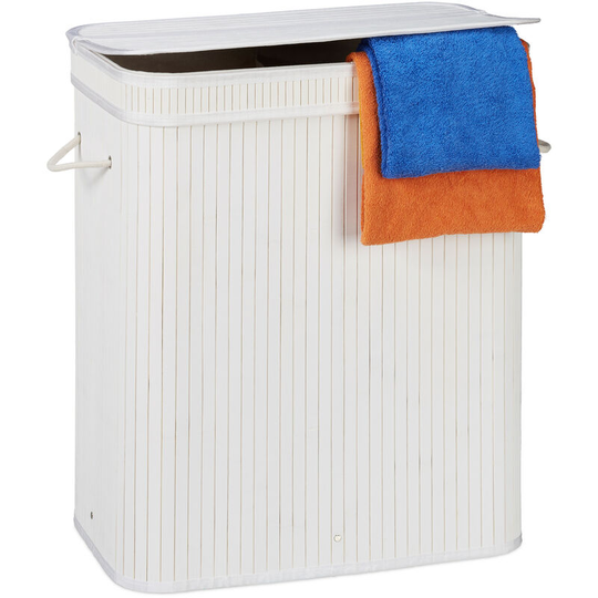 Relaxdays Lidded Laundry Hamper, 2 Compartments, Partitioned Bag, Ventilated, 72 Litres, Bamboo Basket, White