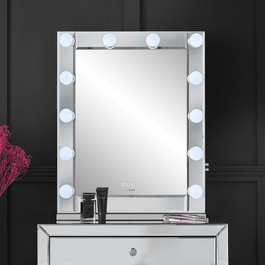 Halle Silver Desktop Rectangle Mirror with Dimmable Hollywood Bulbs 3 Colour Light Touch Sensor usb Charger Bluetooth Speaker Built In Plug Hallway