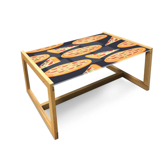 Italy Coffee Table, Vintage Style Cartoon Design Of Mixed Pizzas And Slices Art Print, Acrylic Glass Center Table With Wooden Frame For Offices Dorms