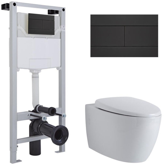 Milano - Altham - White Ceramic Modern Bathroom Wall Hung Round Rimless Toilet wc with Tall Frame Cistern and Black Flush Plate