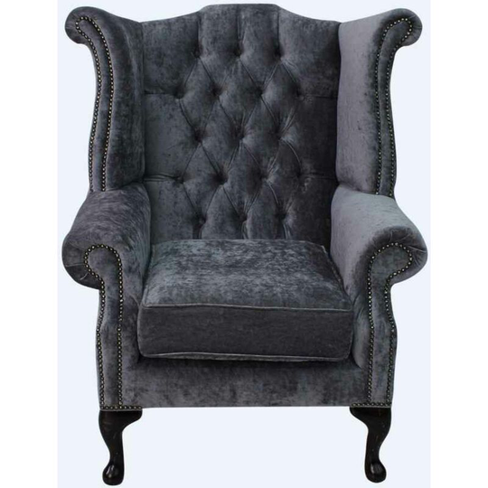 Chesterfield Queen Anne High Back Wing Chair Pastiche Steel Velvet