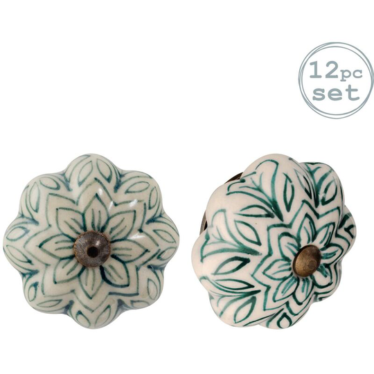 Floral Ceramic Cabinet Knobs - Dark Green - Pack of 12 - Nicola Spring