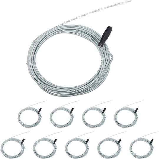 Relaxdays - Set of 10 Drain Snakes, 10m, Mechanical Pipe Cleaning Spiral Tool, Clog Remover, Tub & Sink, Iron, Silver