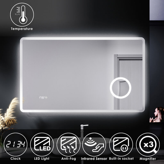 Illuminated Clock Display Bathroom Mirror 3 Times Magnifying Mirror 1000x600mm Anti-fog Bathroom Mirror with Shaver Socket - Elegant
