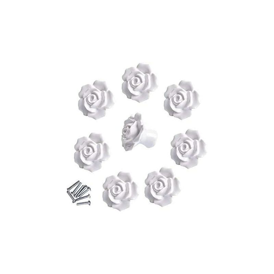 8Pcs Elegant White Rose Pulls Flower Ceramic Cabinet Knobs Cupboard Drawer Pull Handles