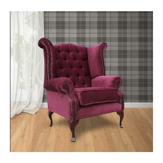Chesterfield Fabric Queen Anne High Back Wing Chair Pimlico Damson