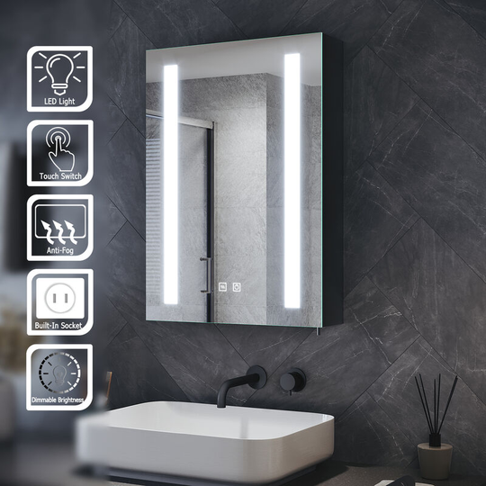 Led Bathroom Mirror Cabinet Dimmable Brightness with Shaver Socket and Demister Pad Black Cabinet Cupboard 500 x 700 x 130mm - Elegant
